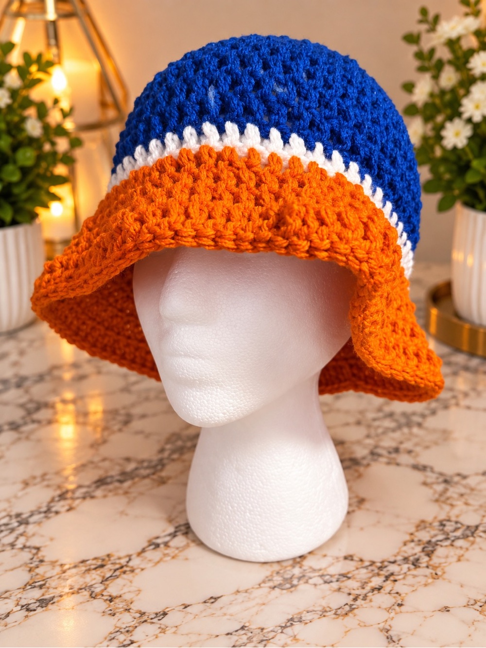 Orange & Blue Crochet Bucket Hat - Brand: